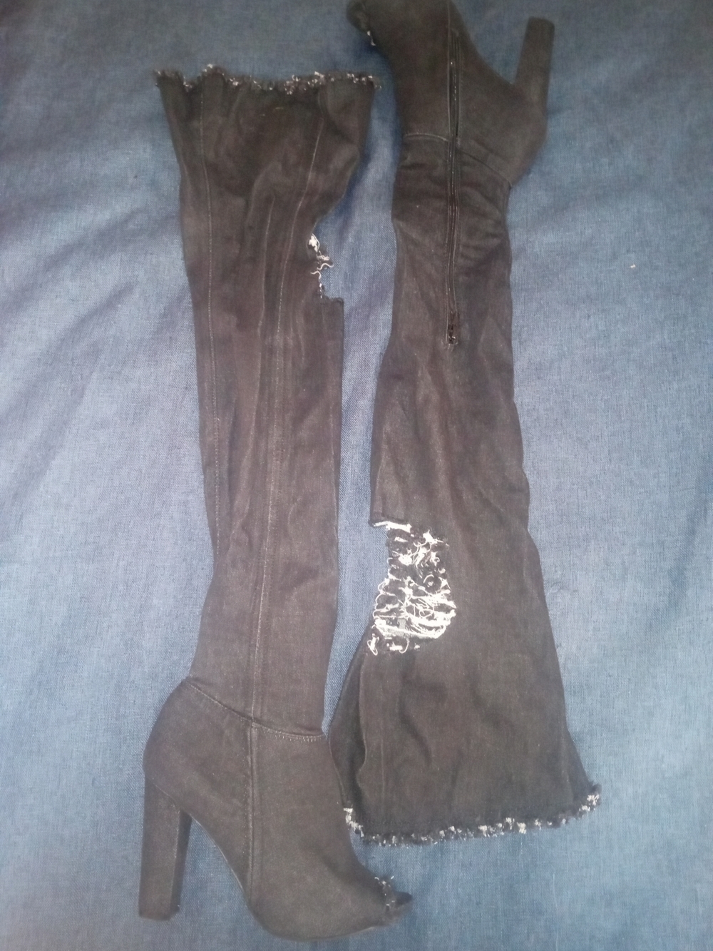 CAPE Black Torn Denim Over-the-Knee Peep-Toe High Heel Boots